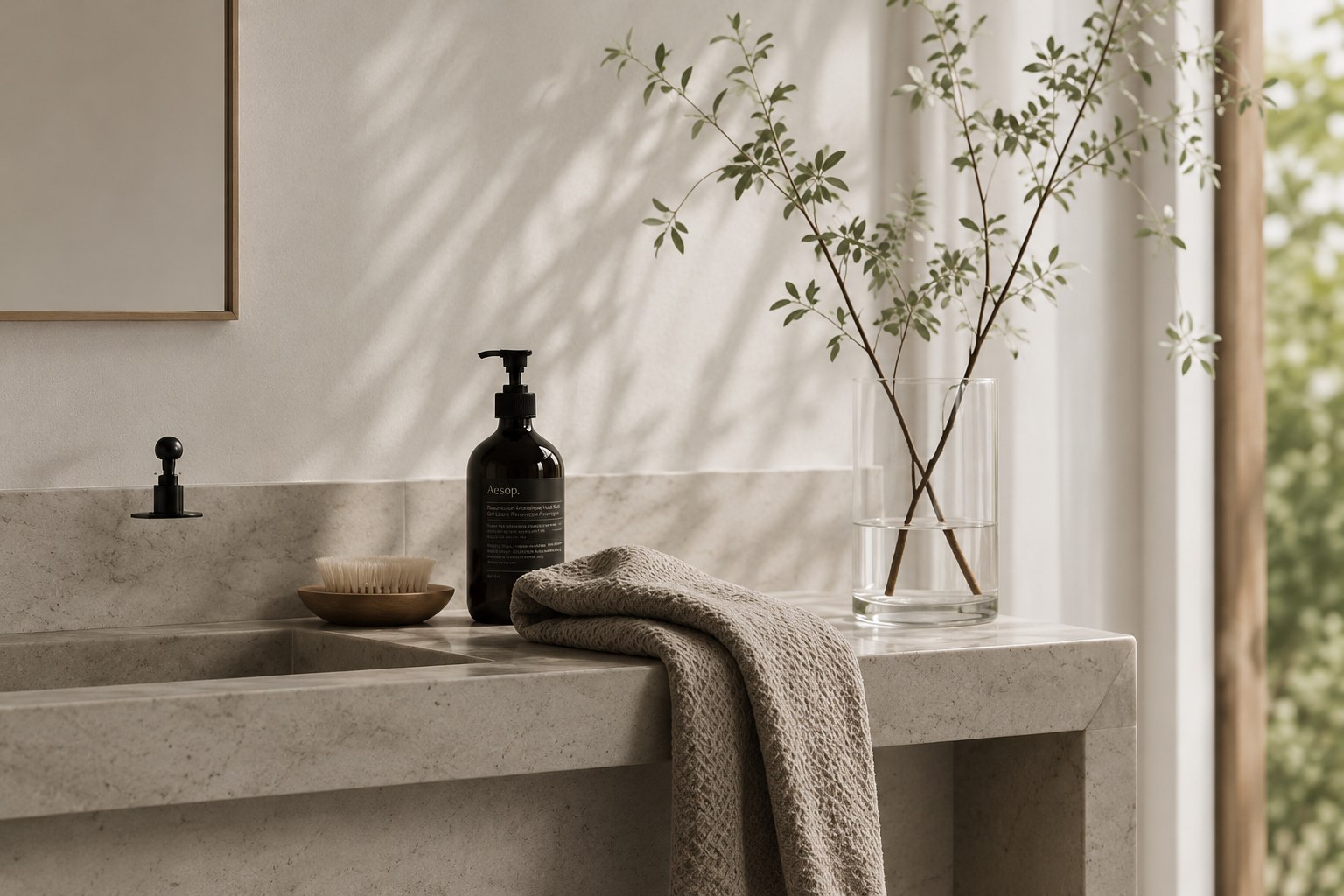 Sunlit stone sink with thoughtfully arranged home-care essentials
